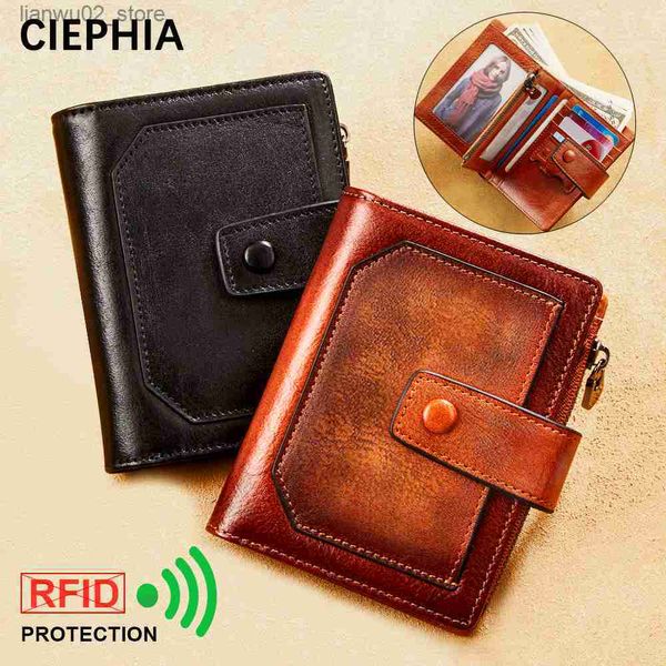 Clips de dinero Vintage Hombres Cartera de cuero genuino Bloqueo RFID Trifold Corto Multifunción Clip de dinero Gran capacidad Cremallera Monedero Q230921