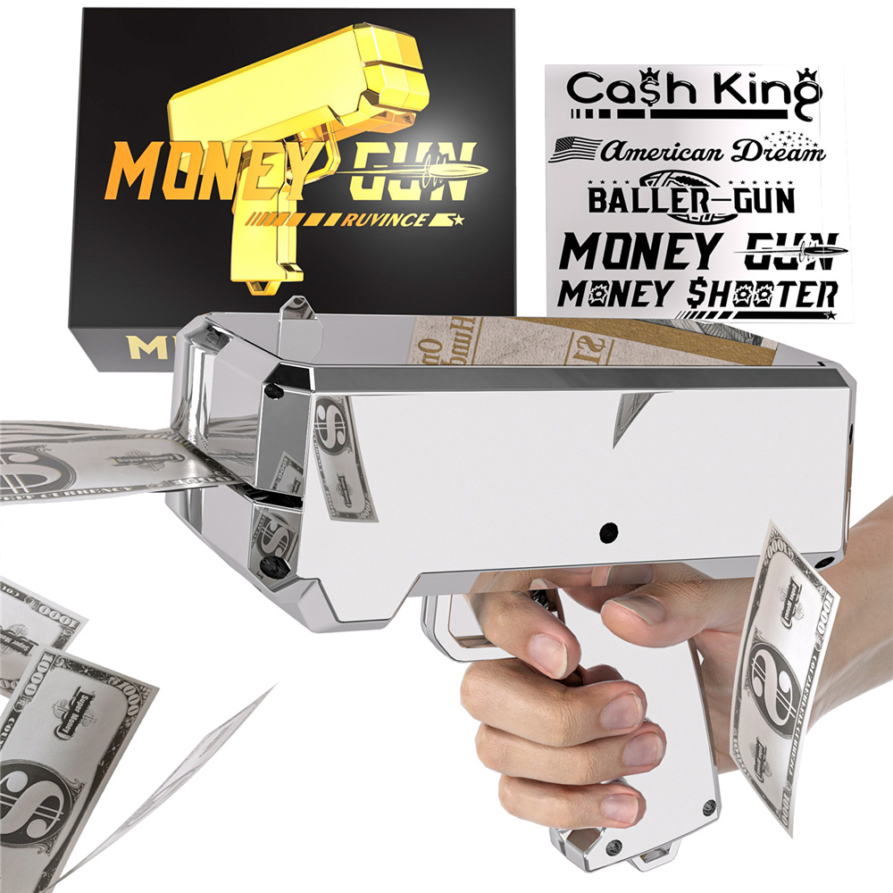 Money Gun Shooter met 100PCS Prop Spray Toy Gun Cash Cannon 18K verzilverd Make It Rain Dollarbiljet voor films Bruiloft Verjaardagsfeestje