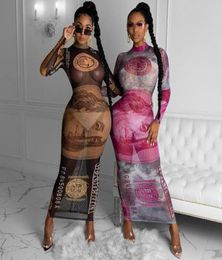 Robes en mailles étirées imprimées pour les femmes Sexy Blackgold Party Club Sheer Long Manye BodyCon Maxi Dress2417140