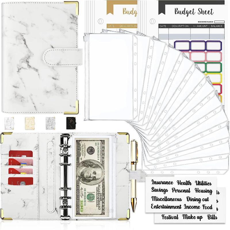Pengarbesparande arrangör White Pu Leather Budget Binder Marble Notebook Budgetar Planner 2024 Envelope Office School Supplies