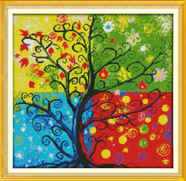 Money Tree quatre saisons Scenic décor à la maison peinture, ensembles de broderie au point de croix faits à la main comptés imprimés sur toile DMC 14CT / 11CT