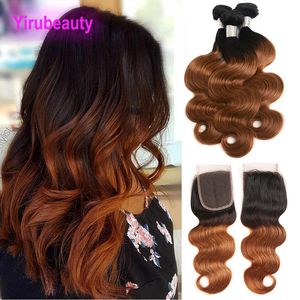 Mongolian 1B/30 Double Color Human Hair Ombre Bundles With 4X4 Lace Closure Body Wave 4 Pieces/lot Body Wave 1B 30