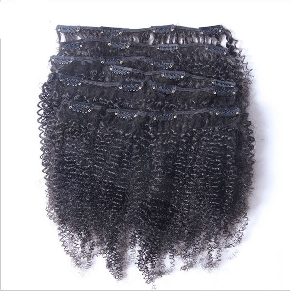 Clip rizado Afro mongol en extensiones de cabello humano, 7 unidades/juego, 120 gramos/paquete, Clip afroamericano en extensiones de cabello humano