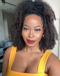 Extensions de cheveux humains mongols afro crépus bouclés avec cordon de serrage queue de cheval à clipser pour femme noire brun foncé brésilien Remy afro-américain 140 g