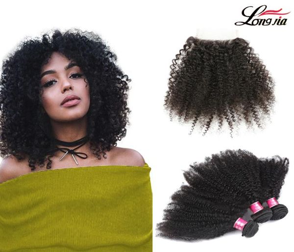 Extension de cheveux bouclés afro crépus mongols Weave cheveux vierges crépus afro avec partie 44 fermeture cheveux humains mongols 34 Bundles3465992