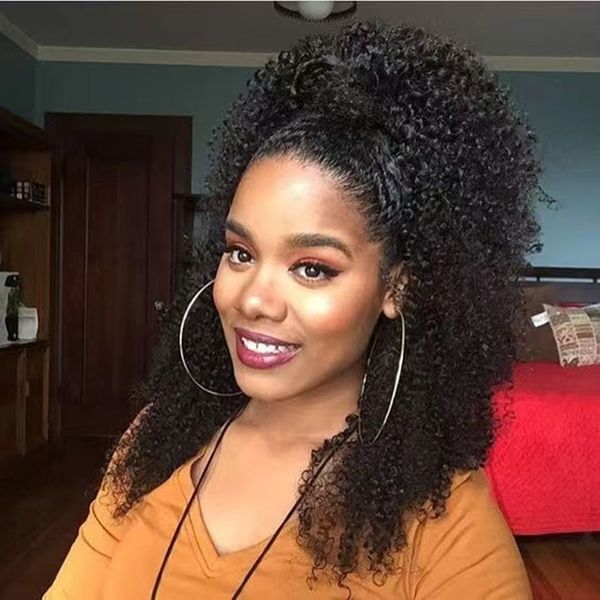 Extensión de piezas de cabello humano de cola de caballo rizada afro rizada mongol para mujeres Clip afroamericano en colas de caballo Cordón 100% cabello humano extremos completos 140 g