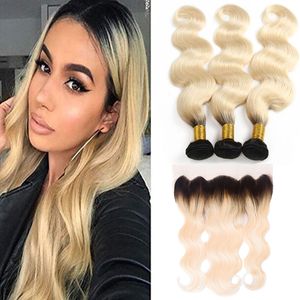 Mongools Menselijk Haar 3 Bundels Met 13X4 Kant Frontaal Met Baby Haar Pre Geplukt Body Wave Virgin Hair Extensions 12-24 inch Body Wave 1B/613