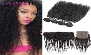 Tissage de cheveux humains mongols crépus bouclés, 4 lots avec fermeture en dentelle 4x4 et faisceaux frontaux en dentelle 13x4, extensions de cheveux bon marché, vente en gros6897339