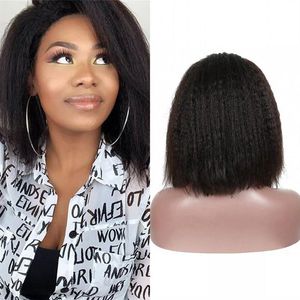 Mongol Kinky Straight Bob Perruques 13x4 Grossier Yaki Court Lace Front Perruque pour les Femmes Noires Remy Cheveux Humains 130% 193l