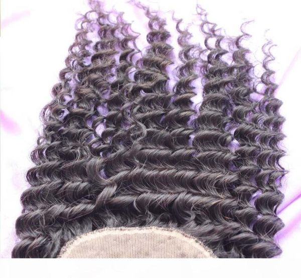 Fermeture de base en soie mongole 3 parties fermeture de base en soie bouclée profonde cheveux humains mongols 4x4 fermeture supérieure en soie pour femme noire en gros6953193