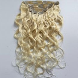 Blonde clip in menselijke haaruitbreidingen 613 Indiase lichaamsgolf remy haarbundels 120 g 14-22 inch