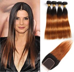 Extensiones de cabello humano liso mongol, 3 mechones con cierre de encaje 4X4, 1B 30, Color degradado, medio, tres partes rectas, 6619368