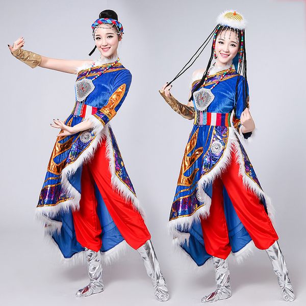 Costume ethnique de style tibétain mongol, vêtements de spectacle sur scène, robe de fête de festival pour femmes orientales, vêtements de danse folklorique vintage