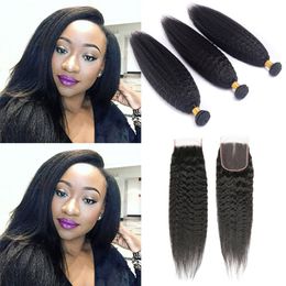 Mongolian Unprocessed Human Hair Extensions Kinky Straight Yaki 3 Bundles With 4X4 Lace Closure Baby Hair Wefts 4 By 4 Closure