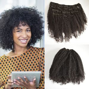 Mongolie vierge afro crépus bouclés Clip dans les extensions de cheveux humains, 100% cheveux humains bouclés clip dans les extensions, 7 pièces/ensemble, couleur 1B G-EASY