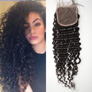 Cheveux vierges mongols Invisible Base Deep Wave Lace Closure 4 * 4 Noeuds blanchis Libre Milieu et trois parties Fermeture de cheveux humains G-EASY