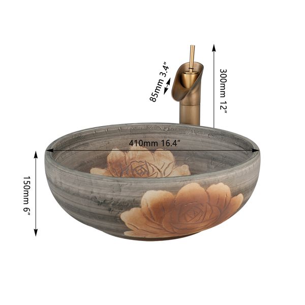 Monite marrón Arte de cerámica Conjunto de lavabo de baño Pintura de peonía Cerámica Cibrávelo Antiguo de marrón de latón Batinero Tapón