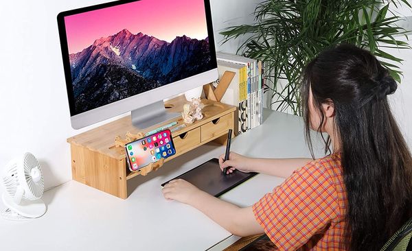 Supporto per monitor Organizer per scrivania - Supporto per braccio in bambù Supporto per laptop a 2 livelli con cassetti, Supporto da tavolo per stampante TV con supporto per cellulare