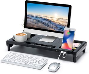 Support de moniteur, élévateur de moniteur avec charge de support de concentrateur USB 3.0, support d'ordinateur avec fentes de maintien, organisateur de bureau avec support de téléphone, support de bureau pour PC