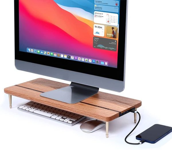 Support de moniteur en bois avec 4 ports USB, support de moniteur d'ordinateur avec concentrateur de chargement de transfert de données en chêne rouge - Compatible avec ordinateur, Mac, PC, smartphone, iPhone et tablette