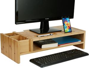 MONITORBM-BRN Organizador de soporte para monitor, 6 compartimentos, oficina, escritorio, computadora portátil, ecológico bambú marrón