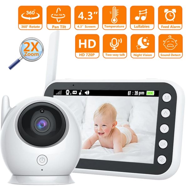 Moniteurs 4,3 pouces Moniteur bébé 720p Video de la caméra 2x Zoom Température Baby Monitor avec longue durée de vie de la batterie Vision nocturne Twoway Audio Musique