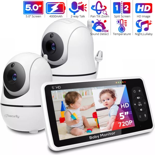 Moniteurs 5'''hd Baby Monitor avec 2 caméras Pantilt 4x Zoom 2way Audio Baby Camera Nanny Vision Night 22Hour Batterr Video Babysitter