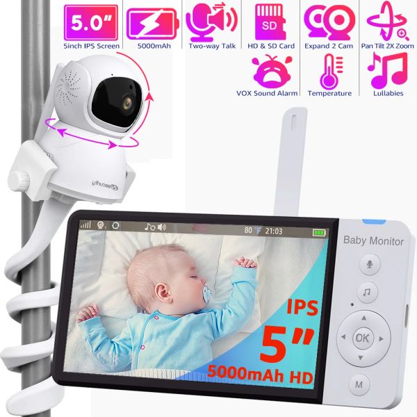 Monitors de 5 pulgadas HD Baby Monitor con cámara, Pantilt, 4x zoom, batería de vida larga de 5000 mAh, pantalla IPS, ptz babyphone, niñera con soporte