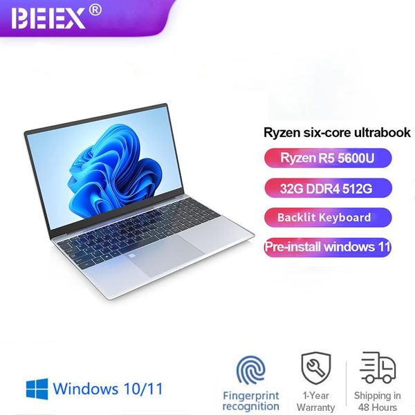 Moniteurs Beex R5 ordinateur portable 15.6 '' AMD Ryzen R5 5600U ordinateur portable DDR4 32 Go RAM 512G SSD Dual Core Wins10 / 11 Gaming Computer Impreinte déverrouille