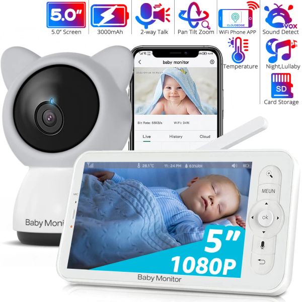 Monitors HD Wifi Baby Monitor con aplicación, pantalla de 5 pulgadas de 720p, Cámara de bebé Tilt Zoom 1080p, Visión nocturna, Talk 2way, Batería de 3000 mAh, 1000 pies