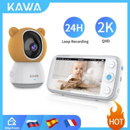 Moniteurs Kawa 2K Baby Monitor avec caméras Caméra sans fil de caméra audio avec une batterie de 4000mAh Écran de 5 pouces TF Vision nocturne 360 °