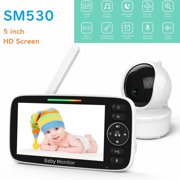 Moniteurs SM530 5 pouces HD Baby Monitor IPS Split Screen 4000mAh Batterie Video Zoom Night Vision Camera and Audio avec berceuses à distance PTZ