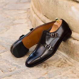 Monk Brown Pu Square Men Toe drie-fasen Double Buckle Fashion Business Casual Wedding Party Dress Shoes Maat 38-48 230518