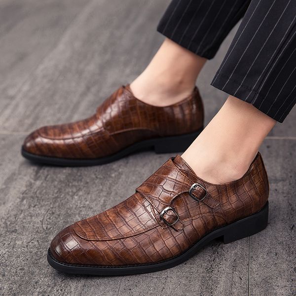 Moine Double Men Pœux Couleur solide PU Classic Crocodile Match Fashion Dress Shoes AD104 7F94