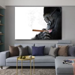 Monkey rokende posters zwart -witte muurschilderij voor woonkamer thuis decor dieren canvas foto's geen frame