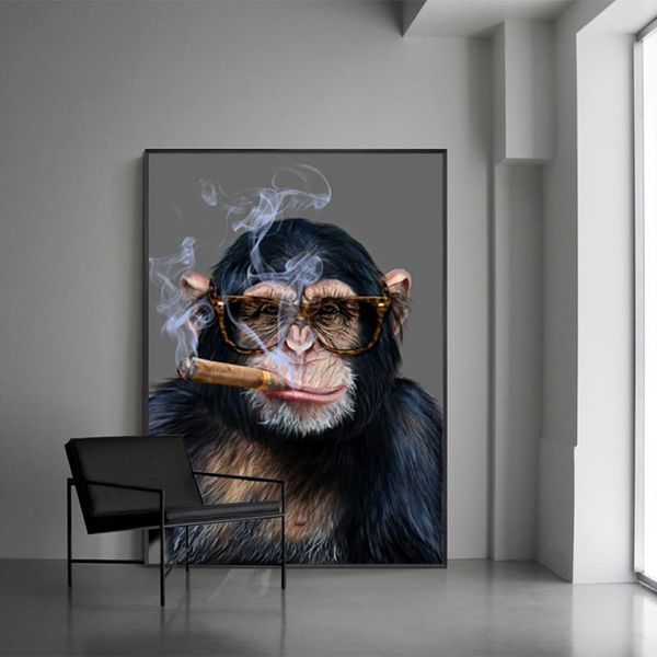 Pósteres de mono fumando, imágenes artísticas de pared de gorila para sala de estar, impresiones de animales, pintura moderna en lienzo, decoración de pared del hogar, pintura 237W