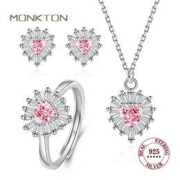 Monkton S925 Sterlng Silver Pink Zirconia Heart Sings for Women Luxury Bijoux Set WeddinghdayAndery Gift 240514