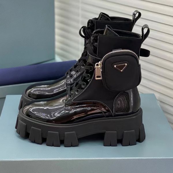 Monolito cuero brillante nylon botas de longitud media Frenillo de cabeza redonda Botines de diseñador zapatos de cuero Botín de inspiración militar bota de combate bouch de nylon con bolsas