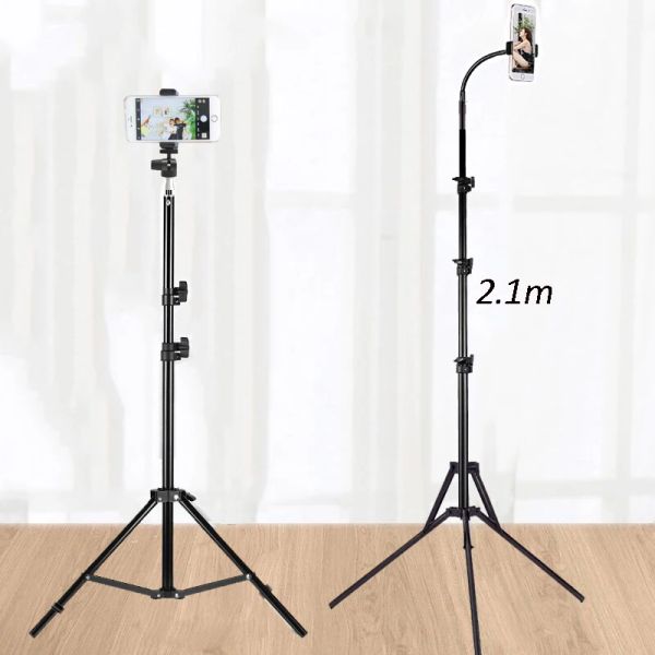 Monopodes 1.2 / 1.6 / 2.1m Portable Phone Aluminium DSL Camera Tripod Stand Mount Digital Camera Trépied Prise en charge de la bague LED pour iPhone