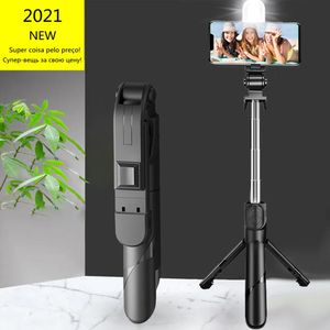 Monopodes 2021 NOUVEAU Bluetooth Sans Fil Selfie Stick Mini Trépied Extensible Monopode avec lumière de remplissage Obturateur à distance pour téléphone IOS Android
