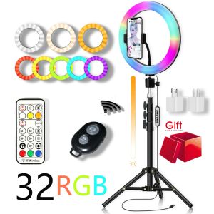 Monopodes 26cm RGB Color Soft Ring Light Remote Circle Circle Lampe avec trépied Stand Photography Rempling Éclairage Video Selfie Ringlelightlight Light