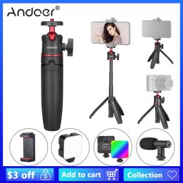 Monopods Andoer MT08 Mini Desktop Tripod Handheld Fotografie Beugel Stand met 1/4 "Schroef met telefoonhouder RGB LED -lichtmicrofoon