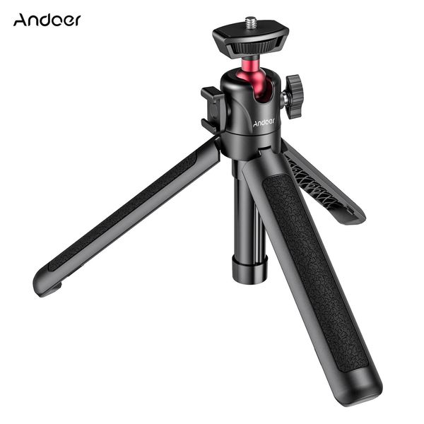 Monópodos Andoer MT16 Extendible Selfie Stick Trípode 4 Sección 44 cm Cabezal de la pelota Zapato frío 1/4 Tornillo para la cámara del teléfono Luz LED