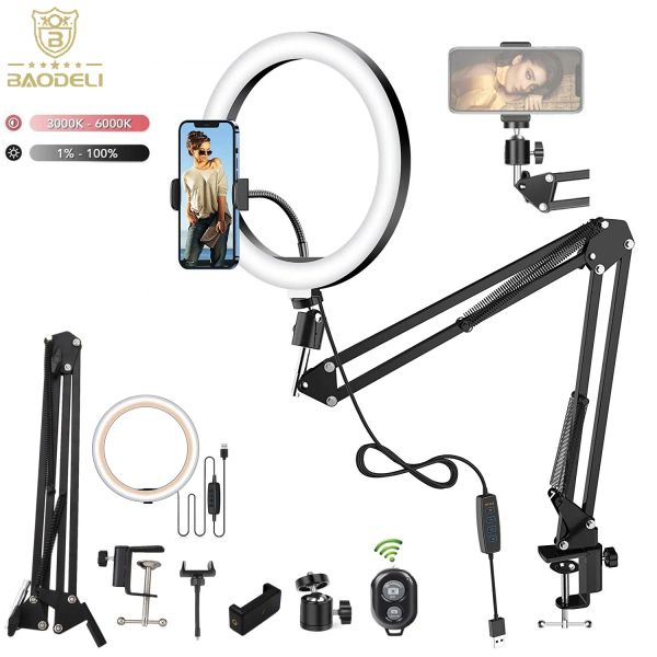 Monopodes LED SELIE SELTIE RING Light Phone Stand avec bras pliant cercle remplit Light Dimmable Tripod Photography Ringlight for Youtobe Streaming