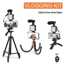 Monopods vlogging kit statief voor smartphonecamera met microfoon LED -licht draadloos afstandsbediening octopus statief selfie stick
