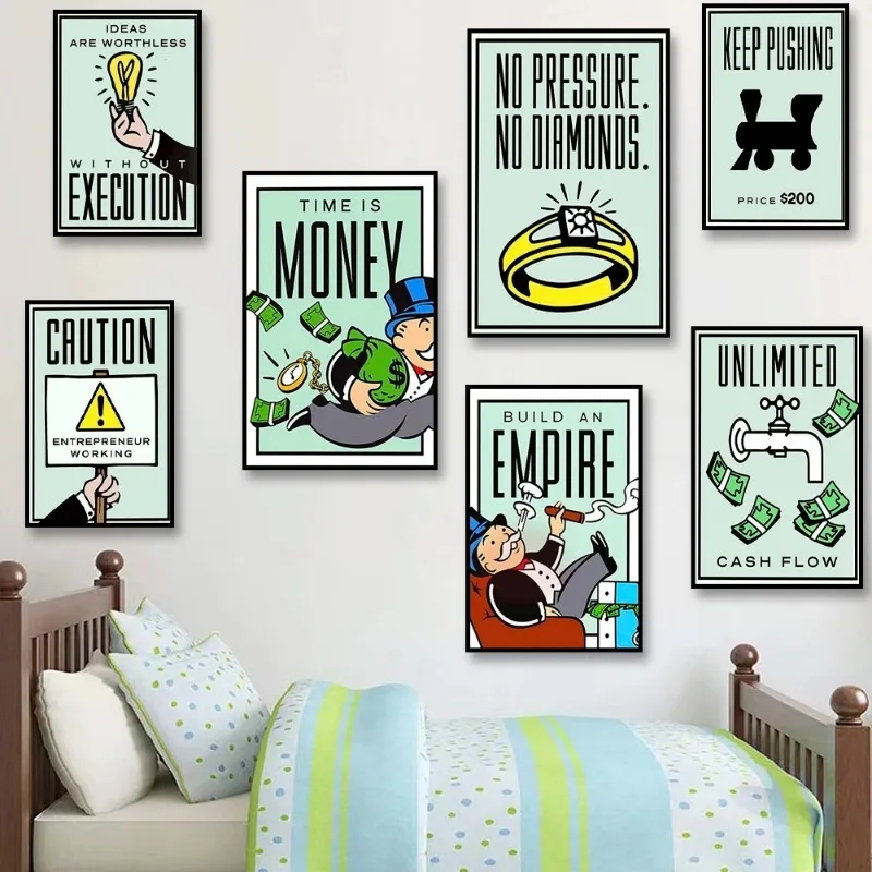 Monopoly Millionaire Money Canvas Painting Decorative Motivational Quote Wall Art Poster Cartoon Figure Mural Home Decor Picture