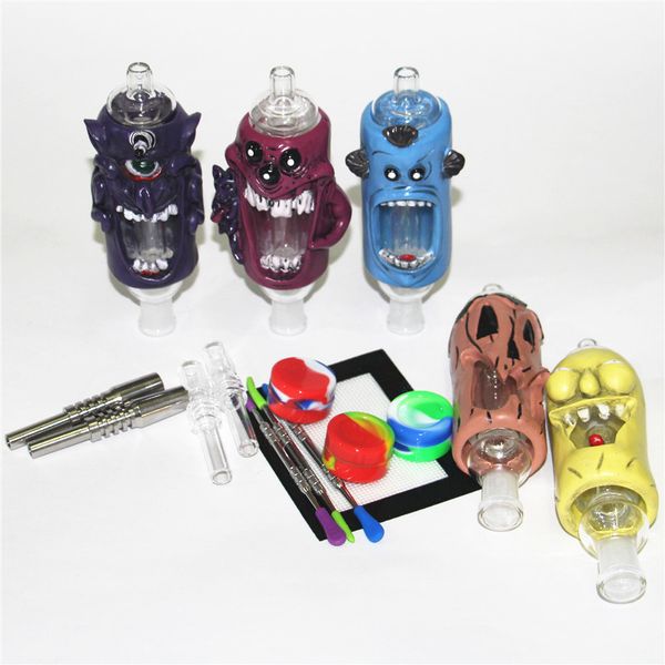 Monster Hookah Glass Nectar Bong Kits Juego de cigarrillos Tubo de resina de dibujos animados Junta de 14 mm Con contenedor de cera de silicona Frascos Plataformas de aceite de paja Tuberías de agua Bongs