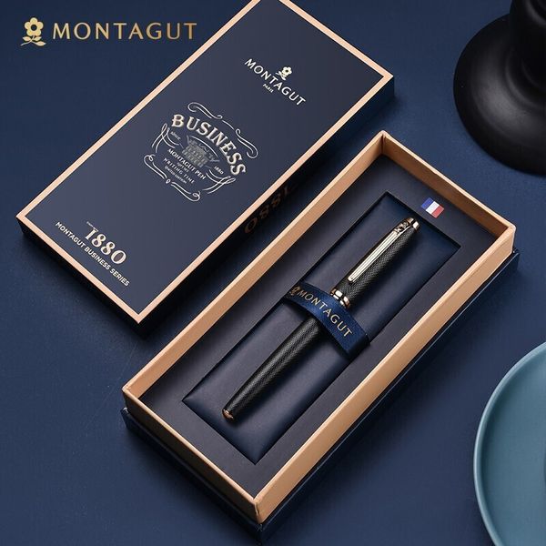 Montagut Classic Silver and Golden Trim Iridium Roller Ball Pen de papelería Exquisita Papelera de regalo con caja de regalo