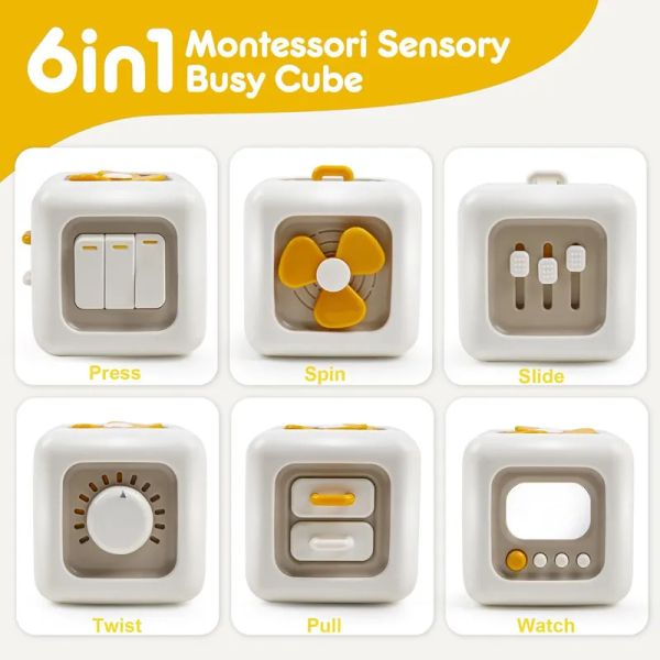 Montessori Activity Cube Baby Toys 6 en 1 Multipropósito ocupado Cubo para viajar Toy Toy sensorial Junta de aprendizaje educativo de aprendizaje