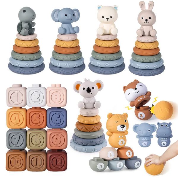 Montessori bébé blocs jouet pour les nés 0 12 mois Silicone Cubes souples bébés garçon 1 an empilage bain dents hochets 240226